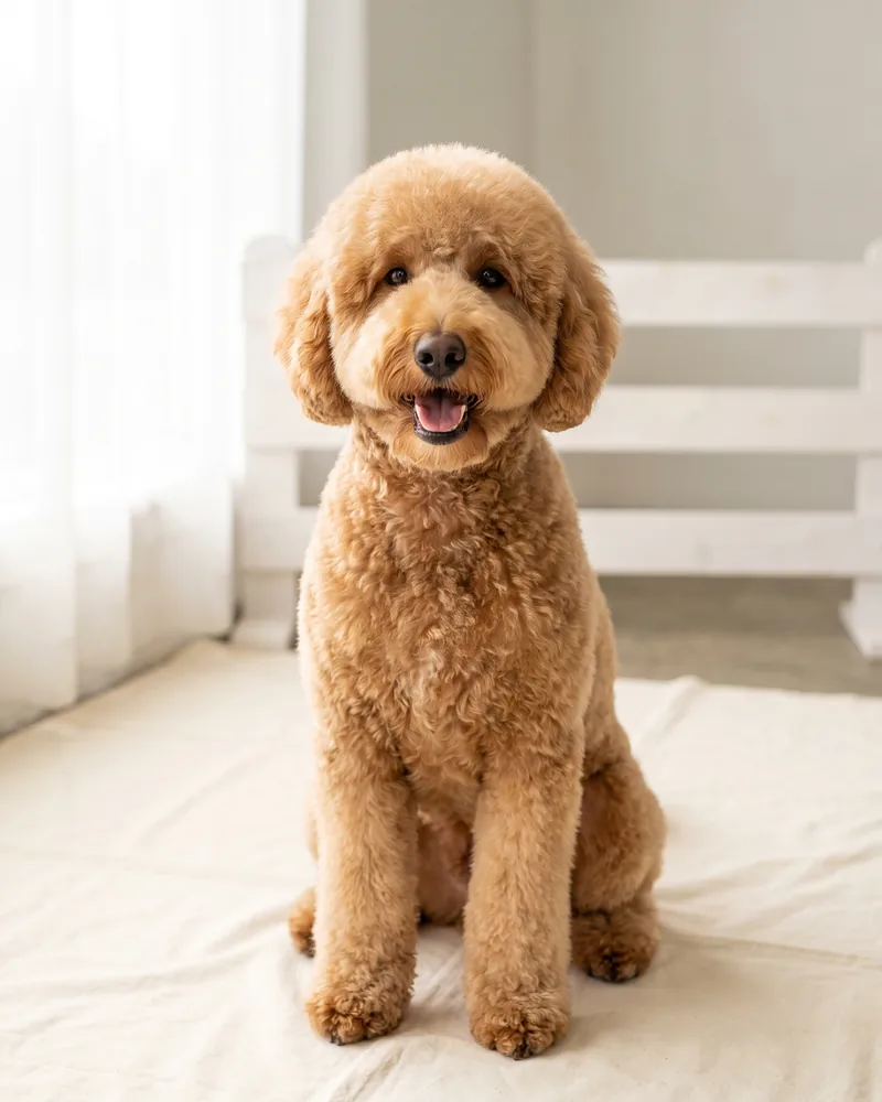 Freshly groomed Goldendoodle portrait
