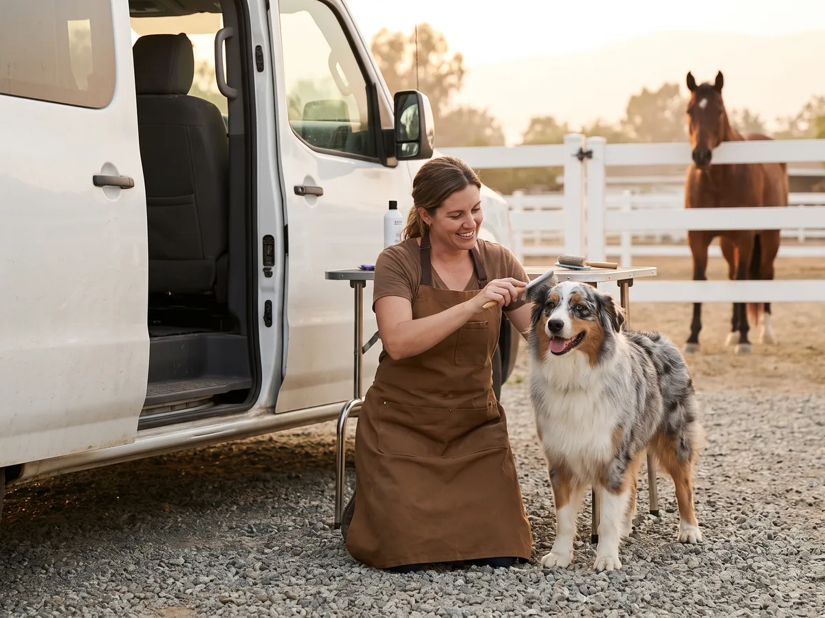 A groomer brushing a happy Australian shepherd at the open side door of the van, a horse watching over the fence