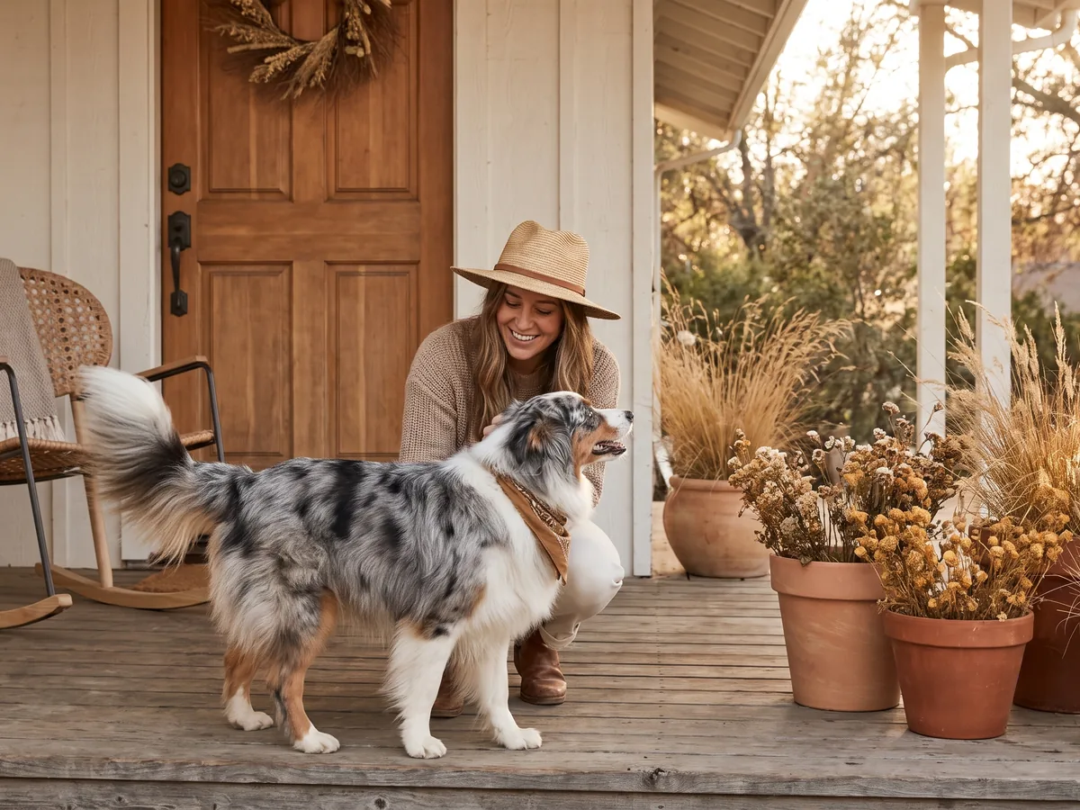 A woman greeting her fluffy, freshly groomed Australian shepherd on her front porch