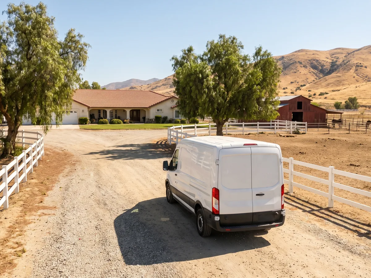 The white grooming van pulling into a gravel ranch driveway past a white horse fence