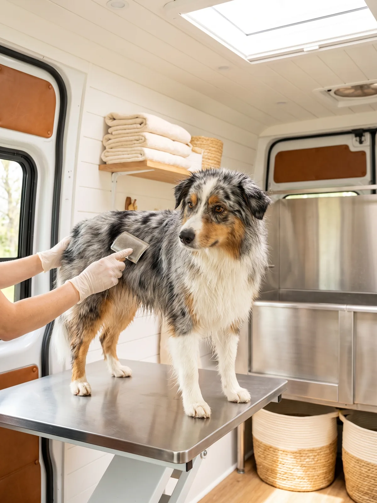 Inside the grooming van: a blue merle Australian shepherd on the stainless table while the groomer brushes its coat