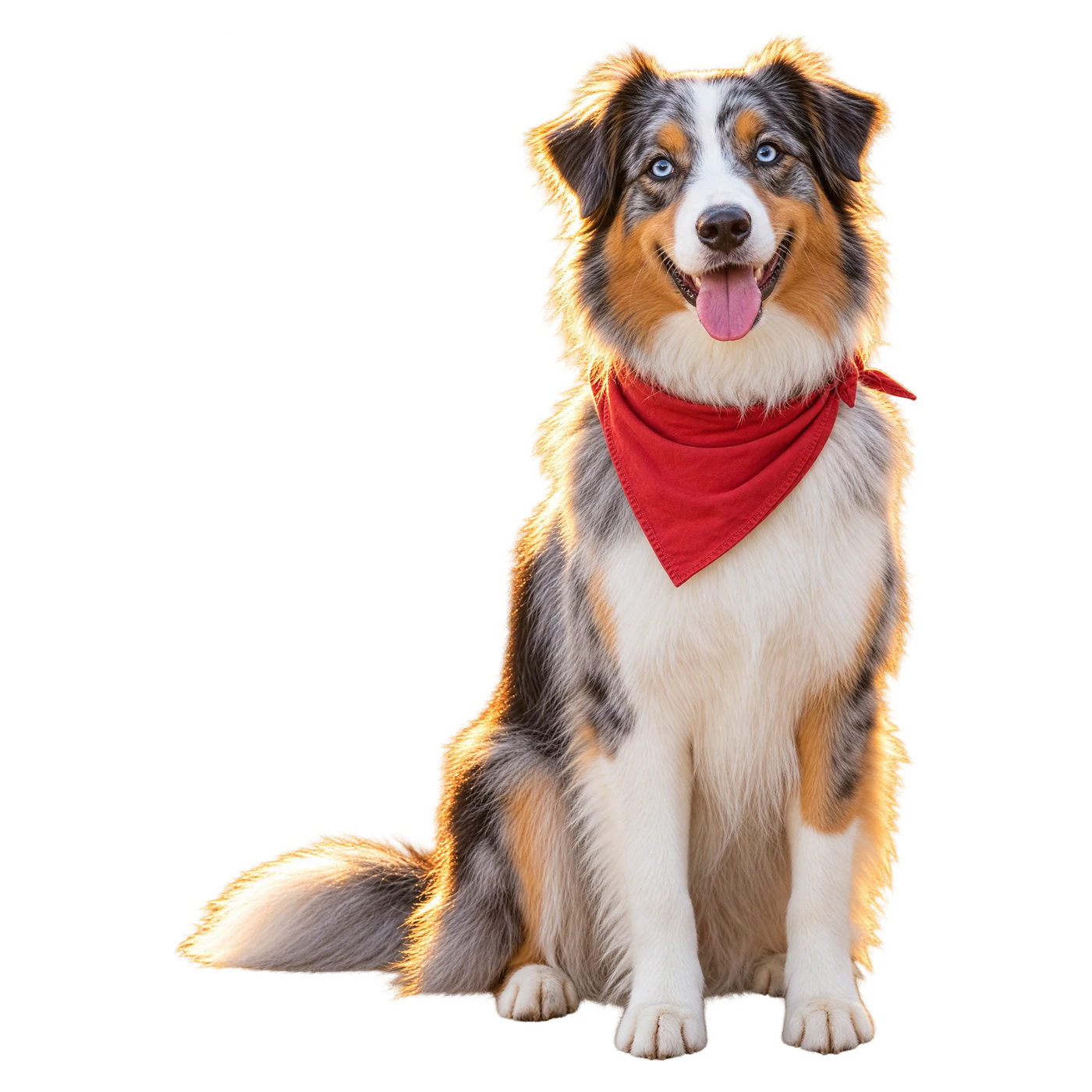 A freshly groomed blue merle Australian shepherd in a barn-red bandana sitting by the trail