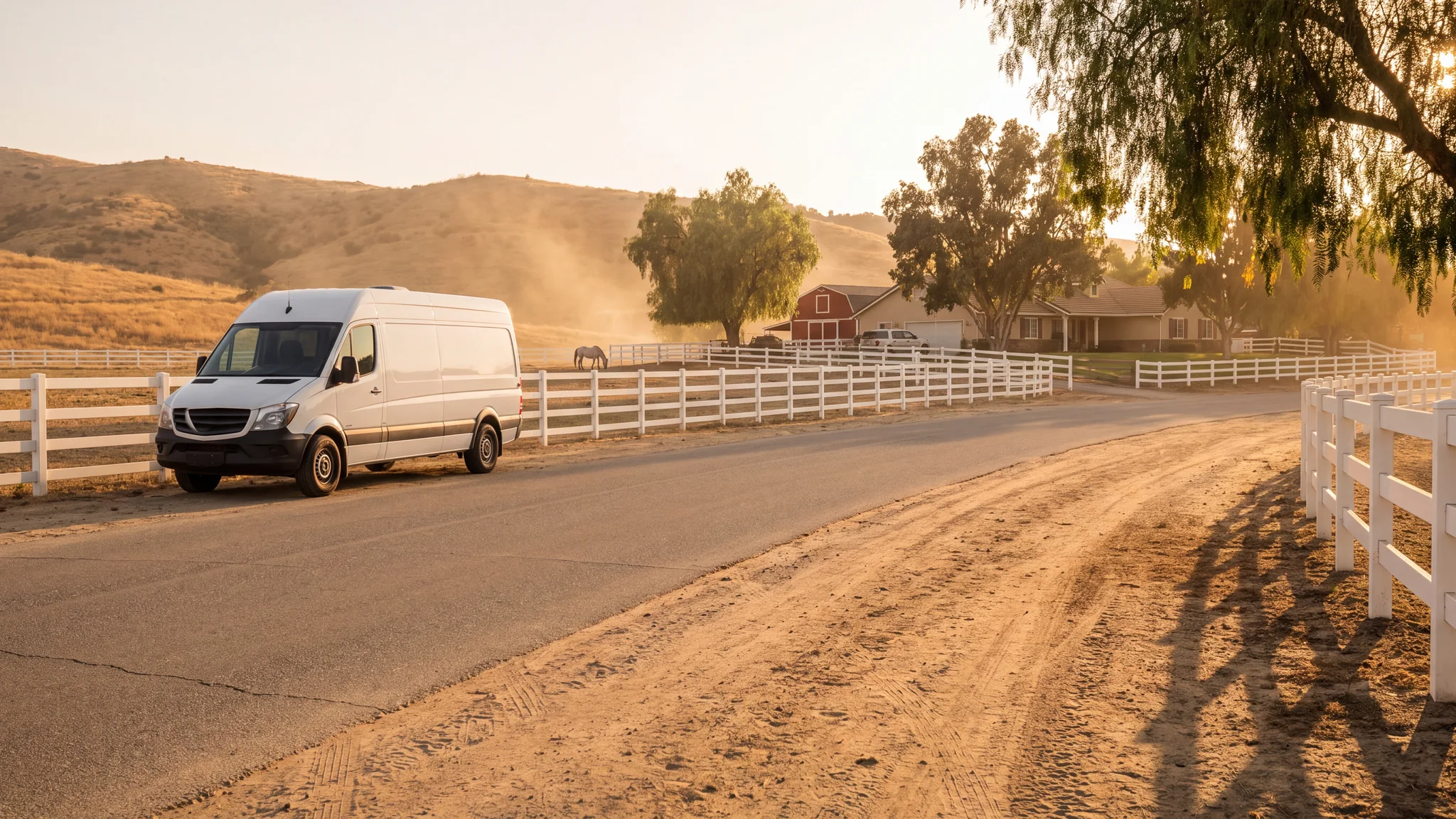 A quiet Norco ranch road at golden hour with white horse fences, a dirt trail and a white grooming van parked on the shoulder